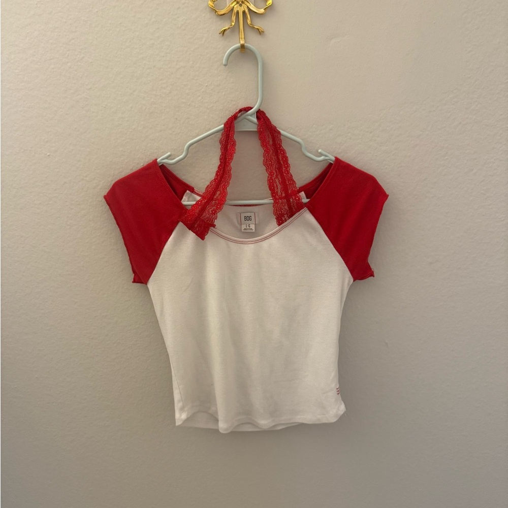 Urban Outfitters Women's Red and White Lace Crop Top